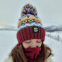 Claret And Blue Fairisle Reflective Super Bobble Hat, thumbnail 3 of 4