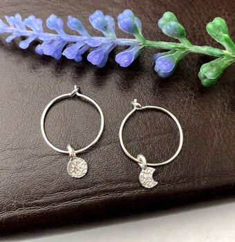 Sterling Silver Tiny Mismatched Moon Hoop Earrings, 2 of 8