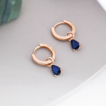 Sterling Silver Sapphire Blue Cz Droplet Hoop Earrings, 3 of 12