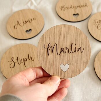 Custom Wooden Wedding Heart Shaped Circle Coasters, 4 of 5