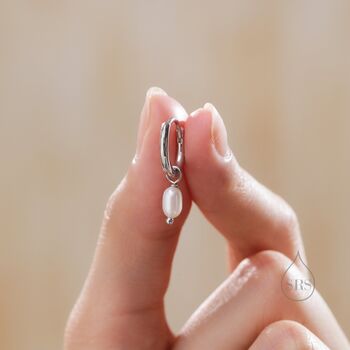 Sterling Silver Genuine Oval Pearl With Skinny Hoop Earrings, 6 of 11