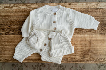 Three Piece Knitted Baby Gift Set, 7 of 8