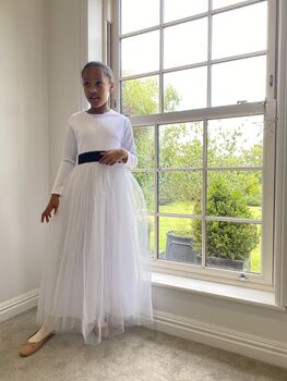 Long Sleeve Sparkly Tulle Flower Girl Dress – Ankle Length White Dress For Weddings, Christenings And Special Occasions, 3 of 6