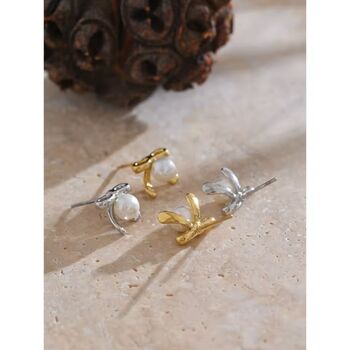 Monaco Ivory D’or Gold Pearl Charm Ribbon Chrome Stud Gift Earrings, 4 of 4