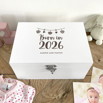 Personalised Born In 2026 Garland Engraved White New Baby Keepsake Box Three Sizes 22cm | 27cm | 30cm, 2 of 7