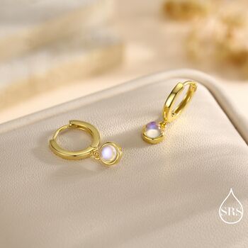 Sterling Silver Dangle Moonstone Huggie Hoop, 5 of 11