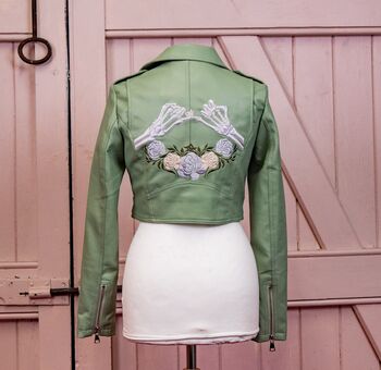 Skeleton Pinky Promise Sage Green Biker Jacket, 6 of 11