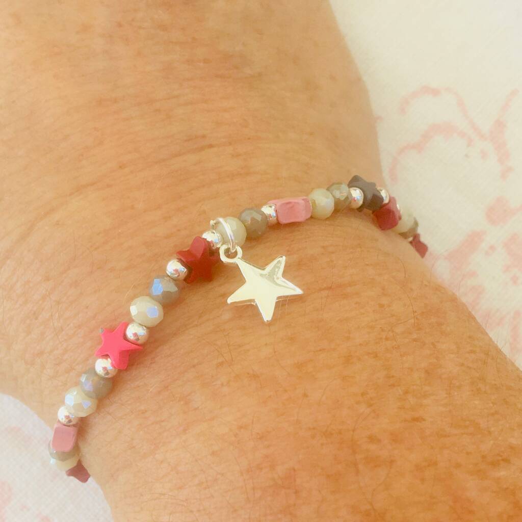 Pink Beaded Bracelet With Silver Plated Star Charm, 1 of 4