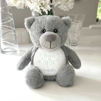 Personalised Born In 2026 Grey Teddy Bear – New Baby Arrival Gift, 4 of 8