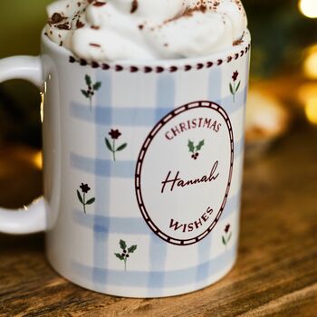 Personalised Blue Gingham Christmas Wishes Mug, 2 of 2