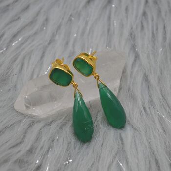 Green Onyx Gold Plated Sterling Silver Drop Earrings, 3 of 9