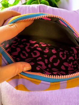 Large Cosmetic Bag Pink Checkered Pattern On Teal, 3 of 3