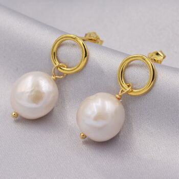 Sterling Silver Circle With Dangling Baroque Pearl Drop Stud Earrings, 3 of 12