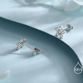 Sparkly Forget Me Not Flower Tiny Stud Earrings In Sterling Silver With Cz Crystals, 4 of 11