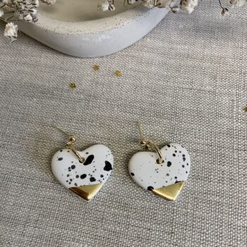 Black And White Ceramic Heart Earrings 22k Gold Lustre, 4 of 7