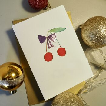 Personalised Cherry Christmas Card With Pink Gold Leaf Bow, 5 of 5