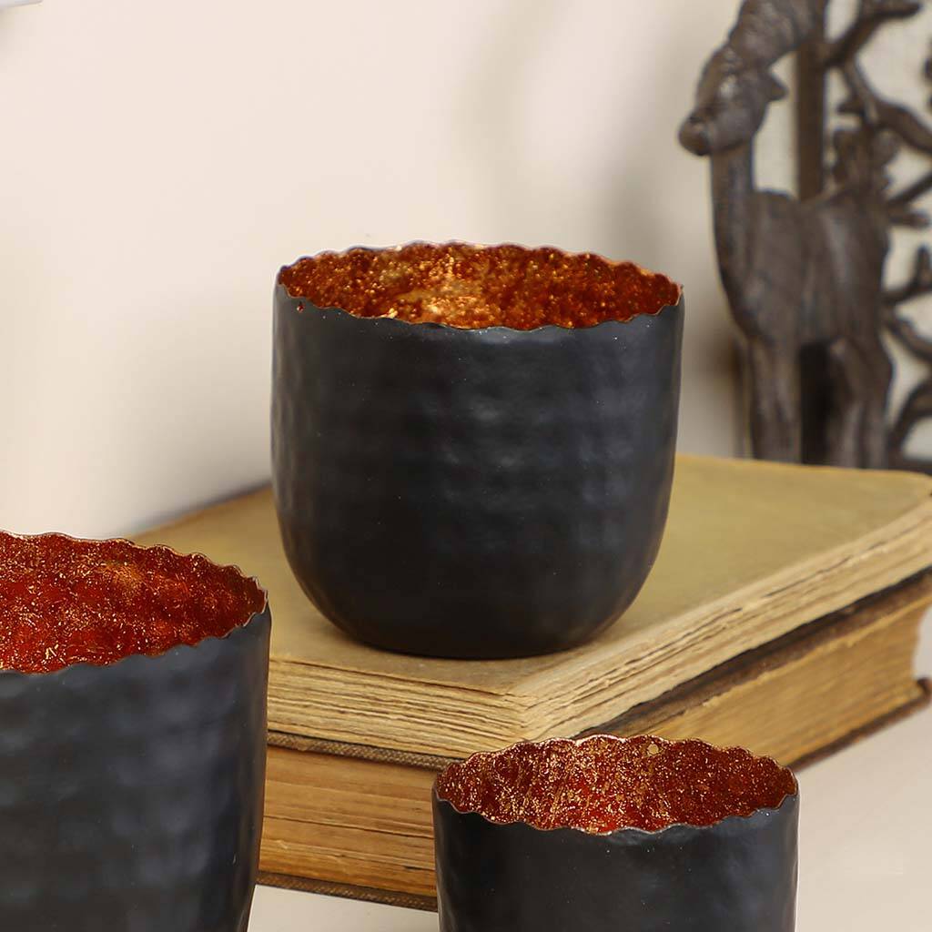 Set Of Three Black And Copper Tea Light Holders By Dibor