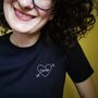 Personalised Love Heart Hand Embroidered Navy T Shirt, thumbnail 2 of 10