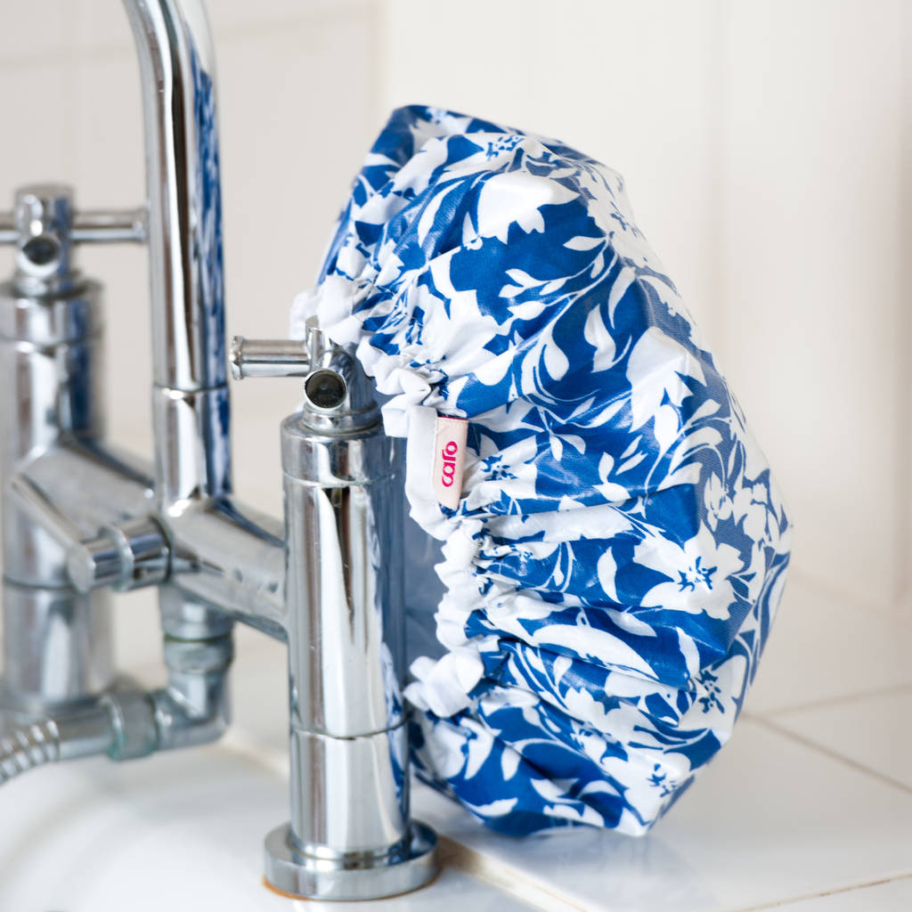 Waterproof Shower Cap In Blue Tropical Print By Caro London
