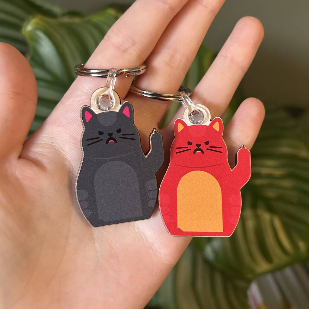 Angry Cat Wooden Keyring