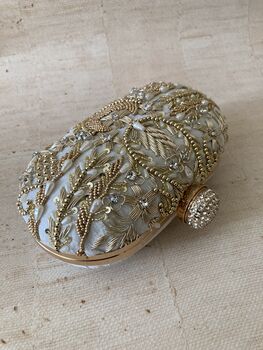 Light Blue Gold Handcrafted Embroidered Oval Clutch Bag, 4 of 5