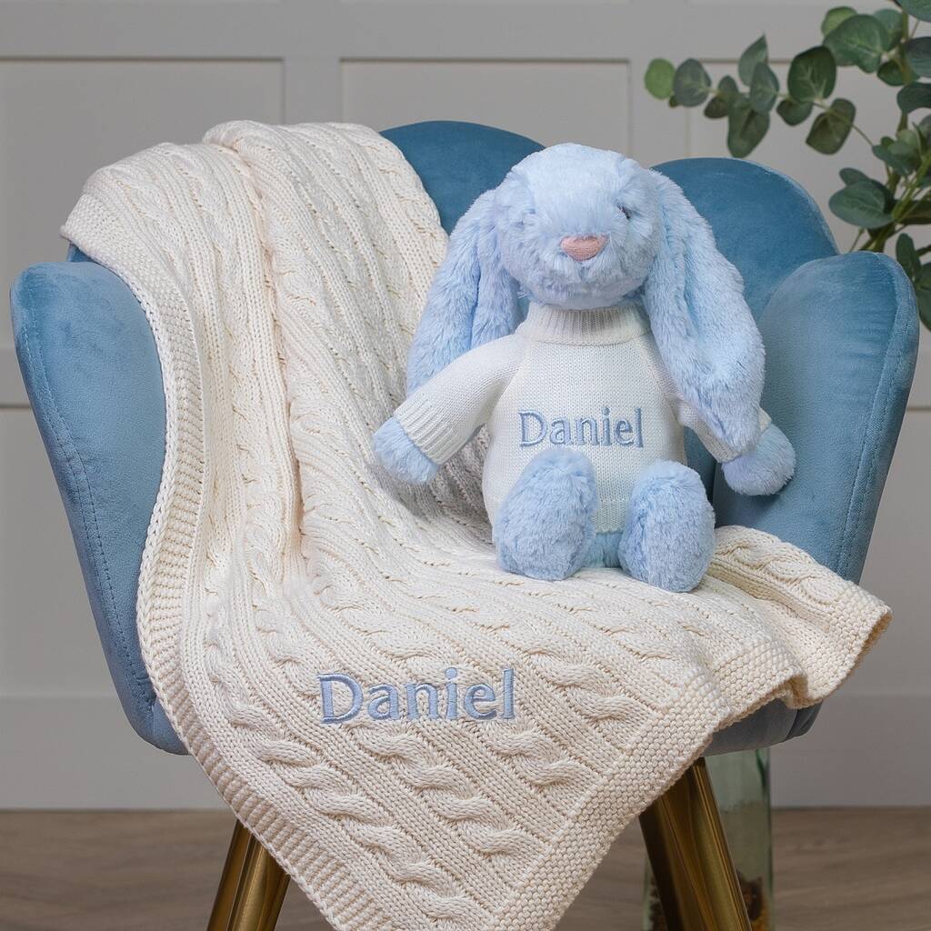 Personalised Blanket And Bashful Bunny In Blue/Cream, 1 of 7