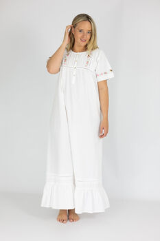 Women's White Cotton Bird And Flower Embroidered Nightdress, 2 of 7