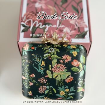 Seville | Printed Silk Embellished Dark Green Clutch, 2 of 5