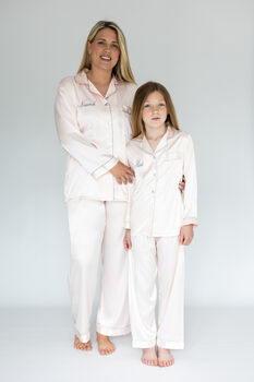 Personalised Mum And Daughter Pink Silky Pyjama Set, 6 of 8