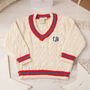 Red And Blue Stripe Cream Baby Cricket Jumper, thumbnail 2 of 11