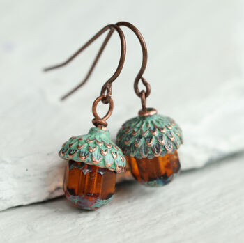 Verdigris Amber Acorn Earrings, 2 of 9