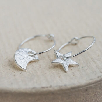 Sterling Silver Mismatch Star And Moon Charm Hoops, 2 of 8