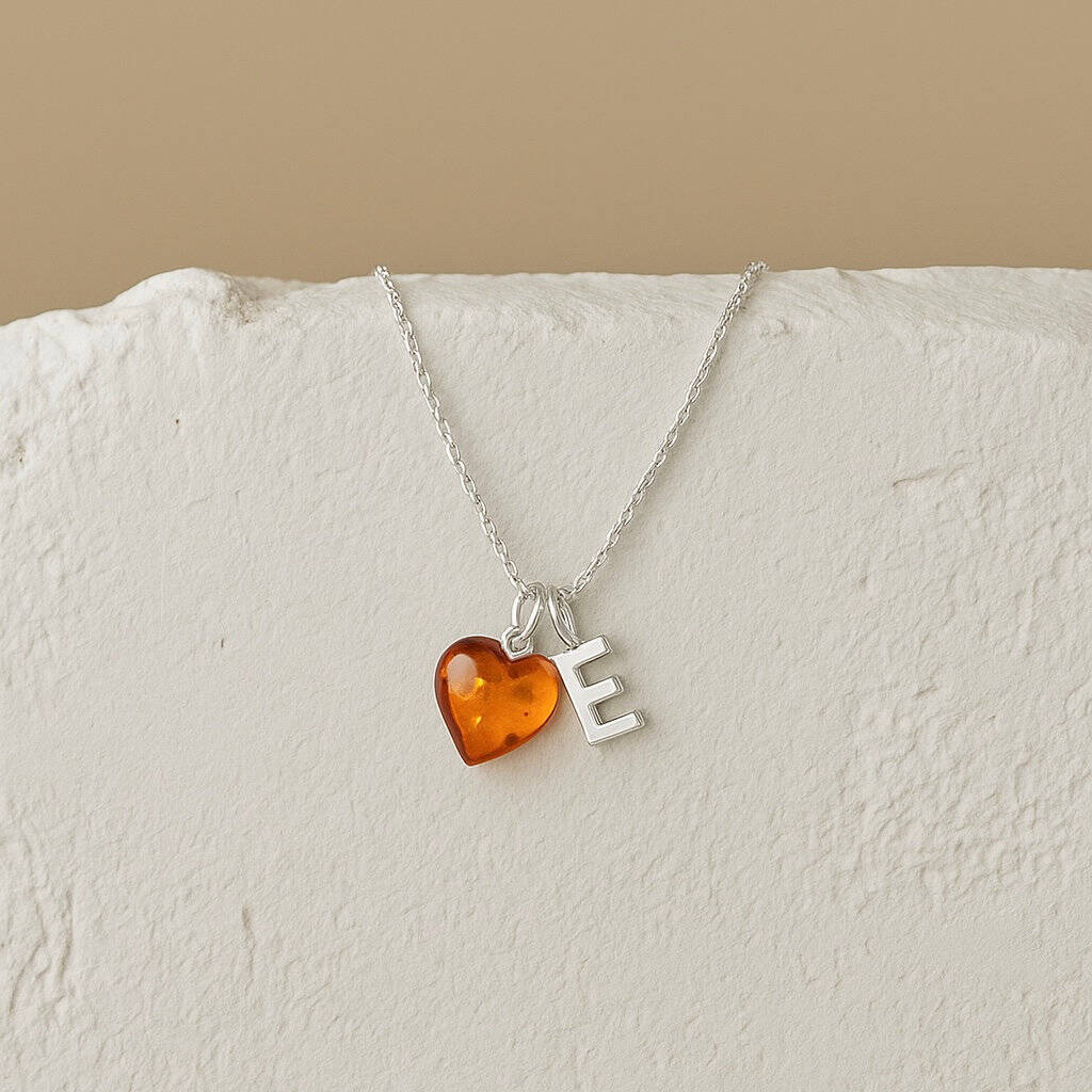 Personalised Silver Amber Heart And Initial Necklace