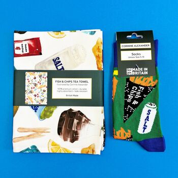 Fish And Chips Gift Set / Tea Towel And Socks / Foodie Birthday Gift, 4 of 8