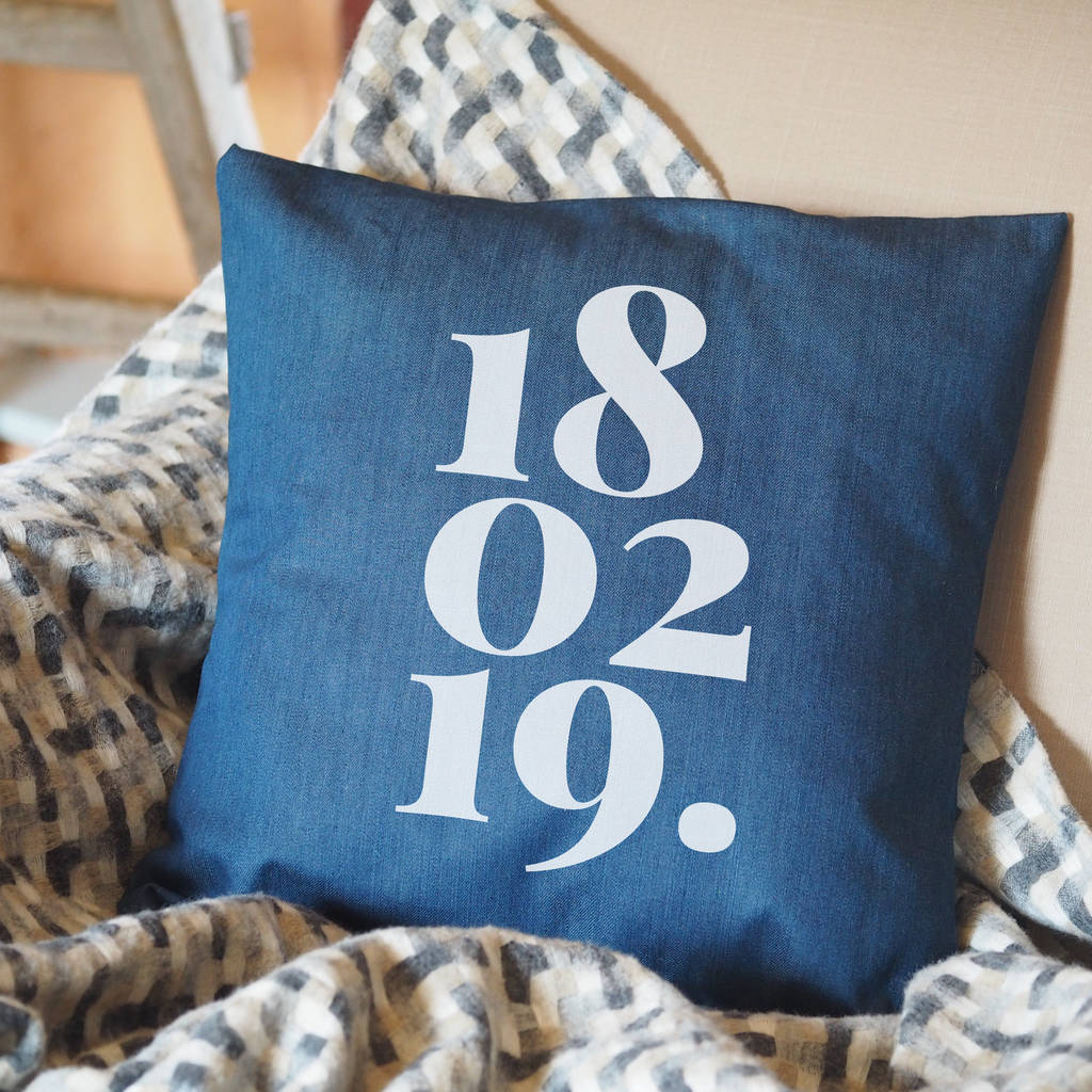 denim or monochrome personalised date cushion by so close ...