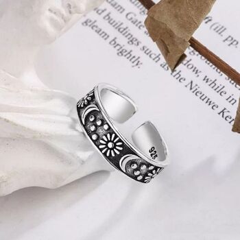 Adjustable Moon And Sun Silver Plated Thin Band Ring, 5 of 6