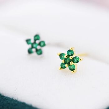 Sterling Silver Emerald Green Flower Cz Stud Earrings, 4 of 12