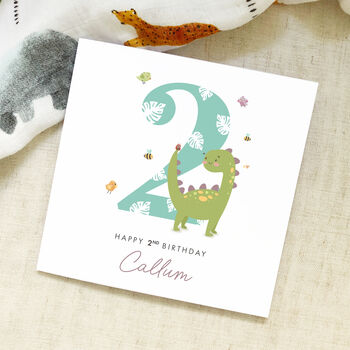 Personalised Little Dinosaur Yellow/Pink Any Age Birthday Card, 2 of 3