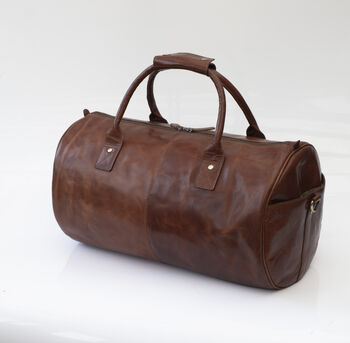 Personalised Barrel Style Brown Leather Holdall Unisex, 2 of 12