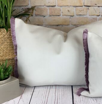 Velvet Optic White With Lilac Pink Fringe Cushion, 4 of 10