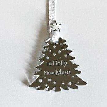 Personalised Silver Mirror Acrylic Christmas Tree Gift Tag Place Setting, 5 of 5