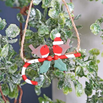 Robin Pair On Candy Cane Christmas Tree Decoration, 3 of 3