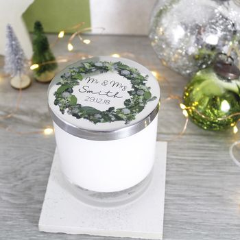 Mr And Mrs Wedding Wreath Scented Candle With Lid, 8 of 9