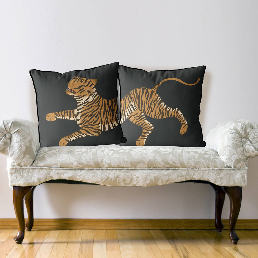 Set Of Two Cushions With Leaping Tiger By FabFunky Home Decor