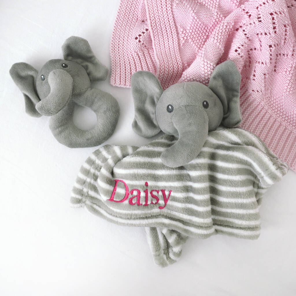 personalised elephant comforter and rattle by a type of design