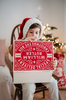 Classic Red Vintage Full Colour Wooden Personalised Christmas Eve Box, 2 of 4