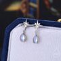 Sterling Silver Tiny Starburst And Dangle Moonstone Stud Earrings, thumbnail 1 of 12