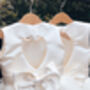 Duchess Satin Flower Girl Dress – Heart Back Tulle Gown Handmade In UK, thumbnail 2 of 11