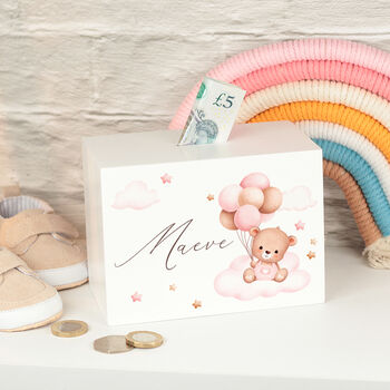 Personalised Baby Teddy Clouds And Stars Money Box, 2 of 4