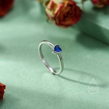 Sterling Silver Very Tiny Sapphire Blue Cz Heart Ring, 4 of 12
